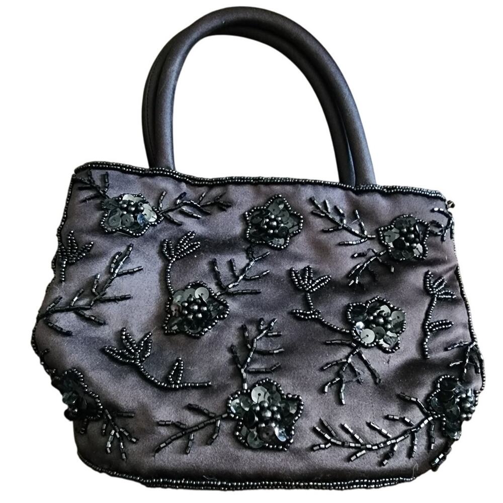 Ermo Black Satin Beaded Sequin Floral Clutch Handbag Evening Purse